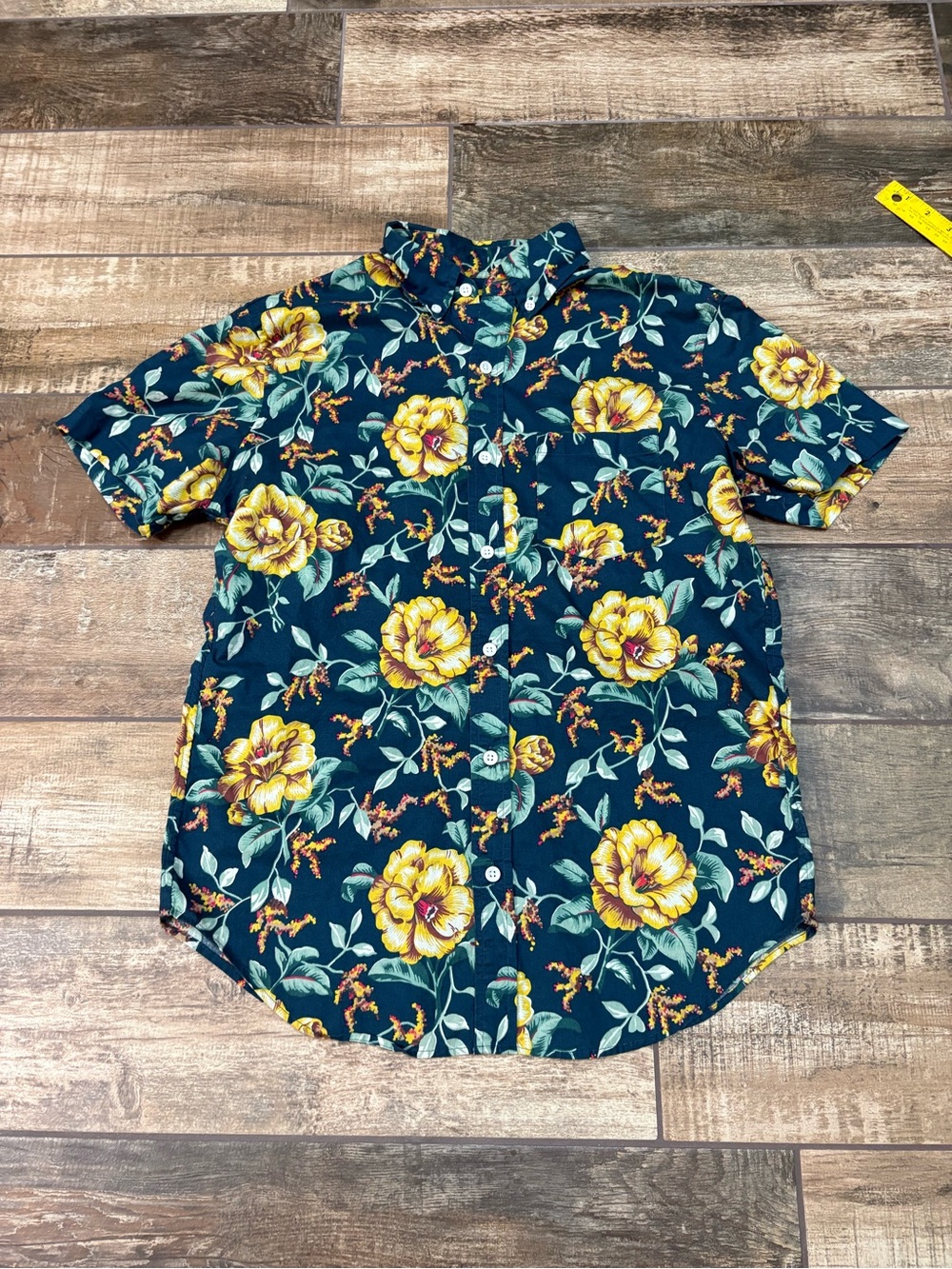 J. Crew Navy Short-Sleeve Button-Down with Yellow Floral Print
